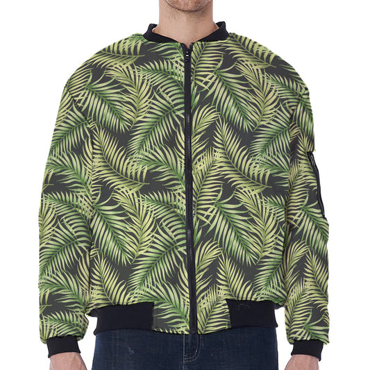 Green Tropical Palm Leaf Pattern Print Zip Sleeve Bomber Jacket
