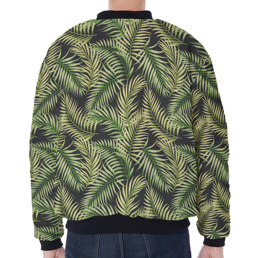 Green Tropical Palm Leaf Pattern Print Zip Sleeve Bomber Jacket