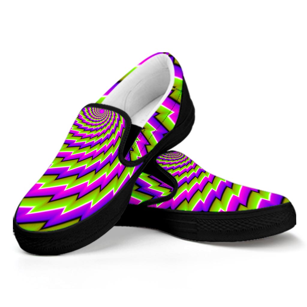 Green Twisted Moving Optical Illusion Black Slip On Sneakers