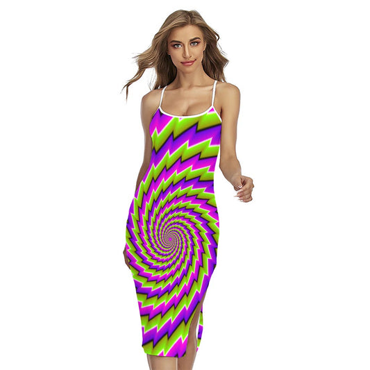 Green Twisted Moving Optical Illusion Cross Back Cami Dress