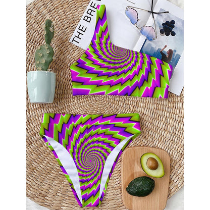 Green Twisted Moving Optical Illusion One Shoulder Bikini Top