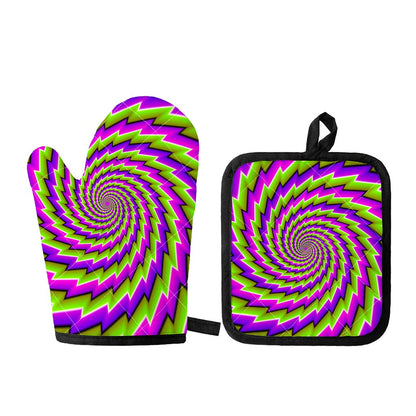 Green Twisted Moving Optical Illusion Oven Mitt And Pot Holder Set