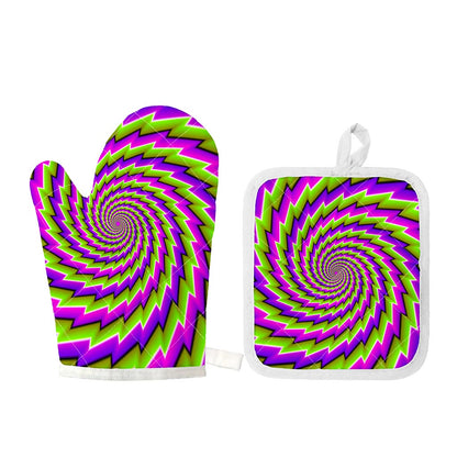 Green Twisted Moving Optical Illusion Oven Mitt And Pot Holder Set