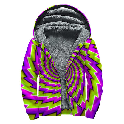 Green Twisted Moving Optical Illusion Sherpa Lined Zip Up Hoodie