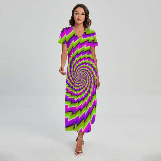 Green Twisted Moving Optical Illusion Short Sleeve Maxi Dress