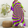 Green Twisted Moving Optical Illusion Silk V-Neck Kaftan Dress