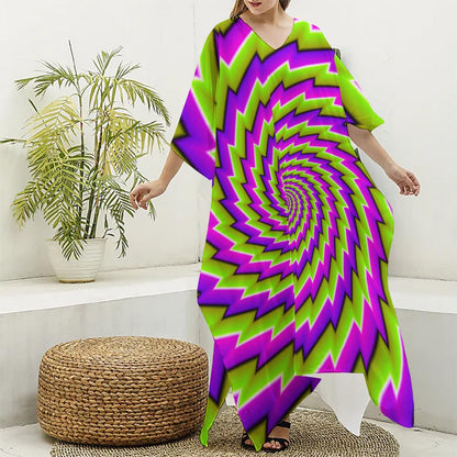Green Twisted Moving Optical Illusion Silk V-Neck Kaftan Dress