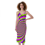 Green Twisted Moving Optical Illusion Slim Fit Midi Cami Dress