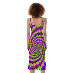 Green Twisted Moving Optical Illusion Slim Fit Midi Cami Dress