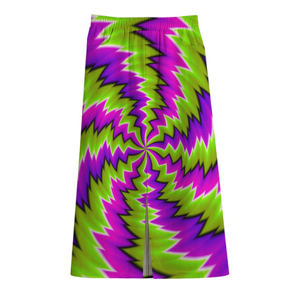 Green Vortex Moving Optical Illusion Cotton Front Slit Maxi Skirt