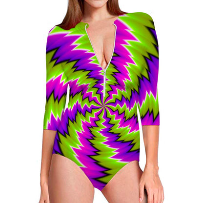 Green Vortex Moving Optical Illusion Long Sleeve Swimsuit