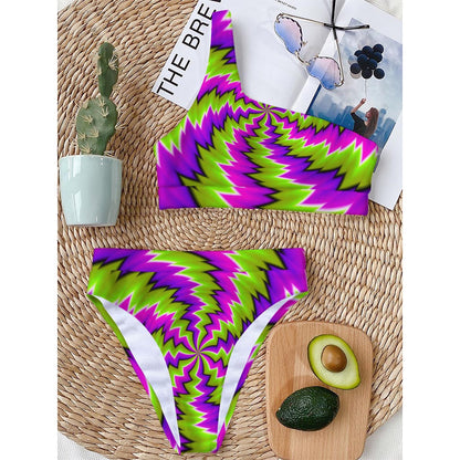 Green Vortex Moving Optical Illusion One Shoulder Bikini Top