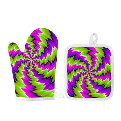 Green Vortex Moving Optical Illusion Oven Mitt And Pot Holder Set