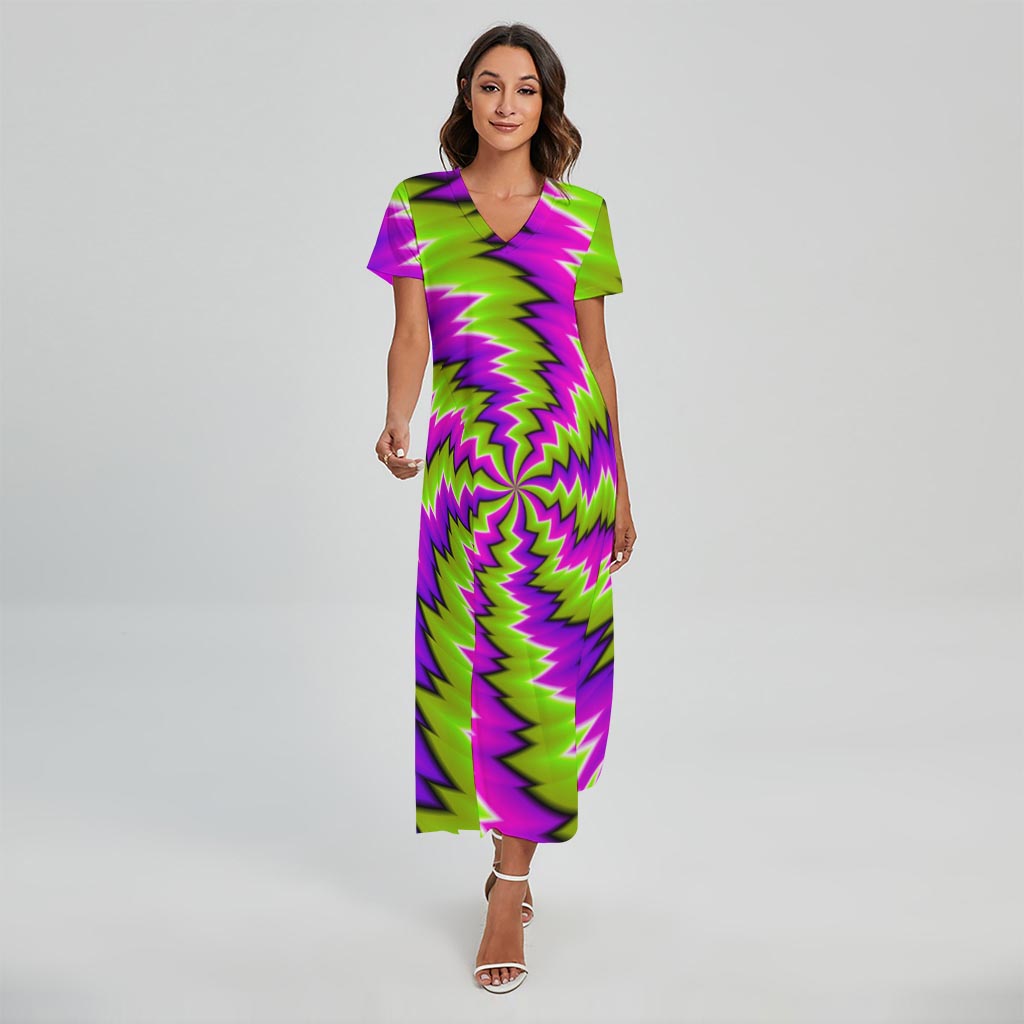 Green Vortex Moving Optical Illusion Short Sleeve Maxi Dress