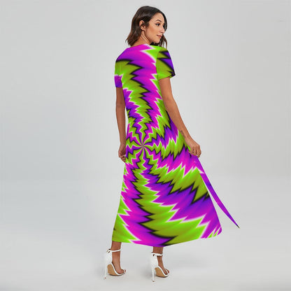 Green Vortex Moving Optical Illusion Short Sleeve Maxi Dress