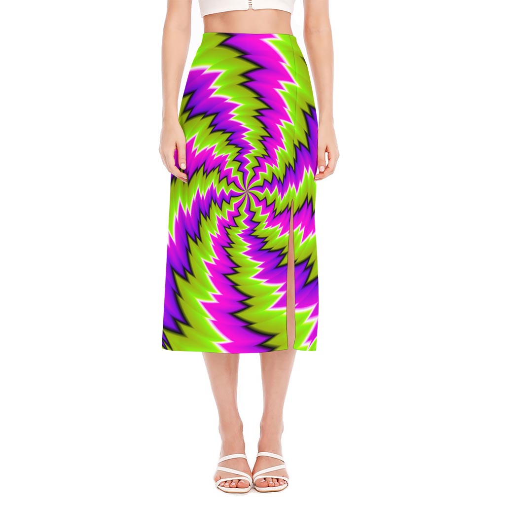 Green Vortex Moving Optical Illusion Side Slit Midi Skirt