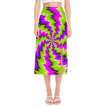 Green Vortex Moving Optical Illusion Side Slit Midi Skirt