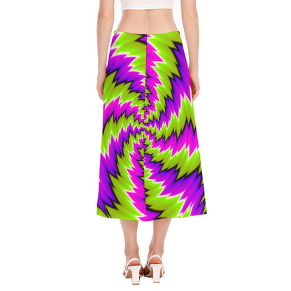 Green Vortex Moving Optical Illusion Side Slit Midi Skirt