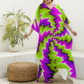 Green Vortex Moving Optical Illusion Silk V-Neck Kaftan Dress