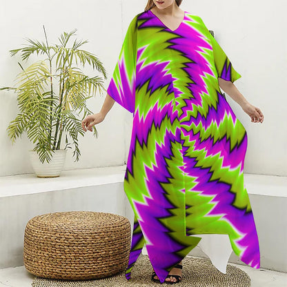 Green Vortex Moving Optical Illusion Silk V-Neck Kaftan Dress