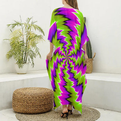 Green Vortex Moving Optical Illusion Silk V-Neck Kaftan Dress