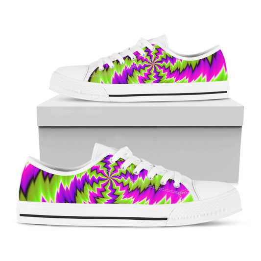 Green Vortex Moving Optical Illusion White Low Top Sneakers