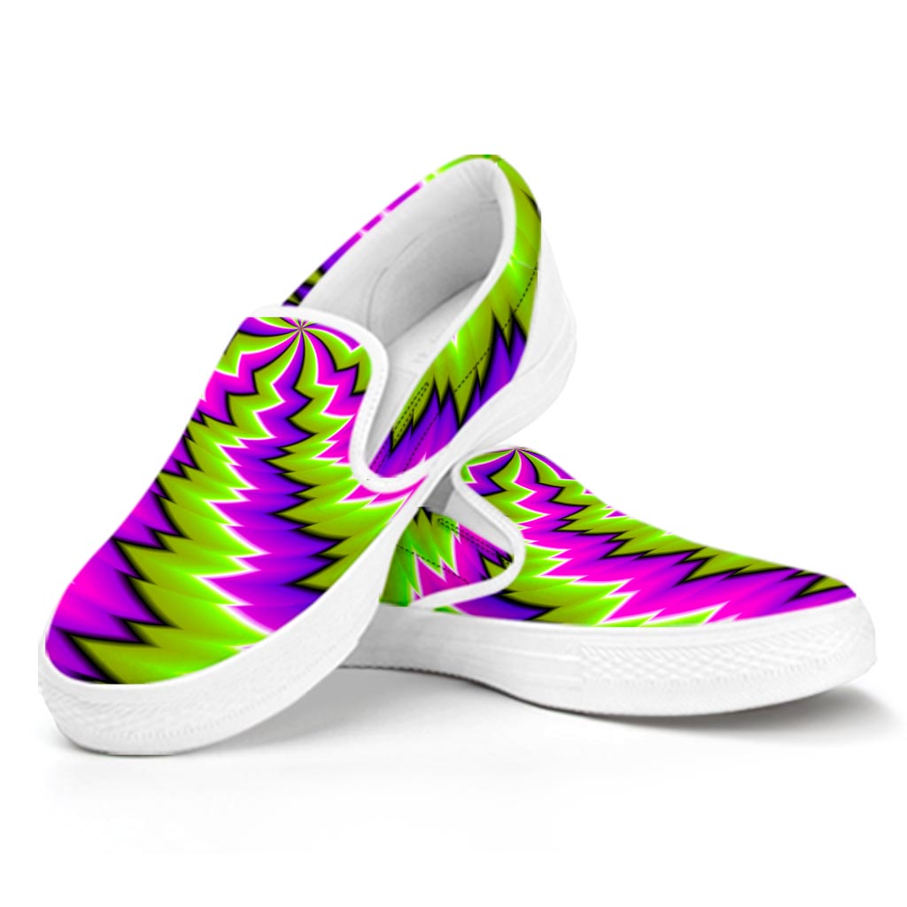 Green Vortex Moving Optical Illusion White Slip On Sneakers