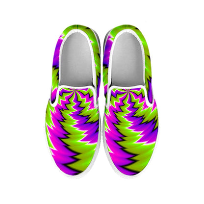 Green Vortex Moving Optical Illusion White Slip On Sneakers