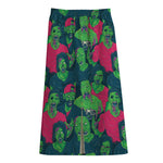 Green Walking Zombie Print Cotton Front Slit Maxi Skirt