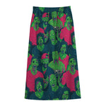Green Walking Zombie Print Cotton Front Slit Maxi Skirt