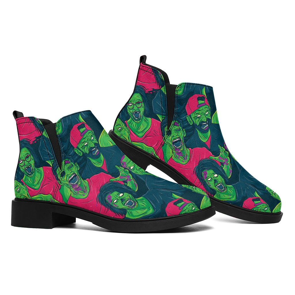 Green Walking Zombie Print Flat Ankle Boots
