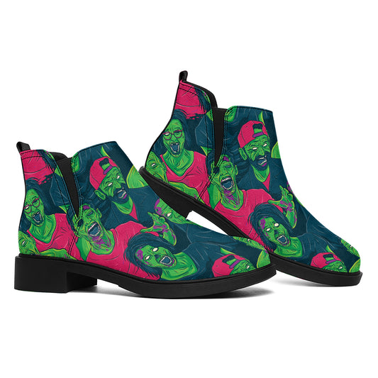 Green Walking Zombie Print Flat Ankle Boots