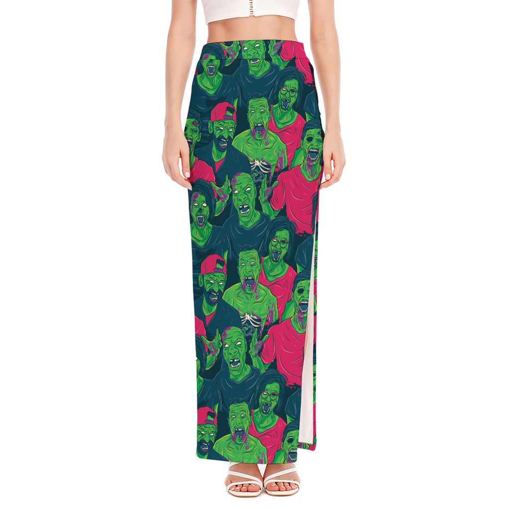 Green Walking Zombie Print High Slit Maxi Skirt