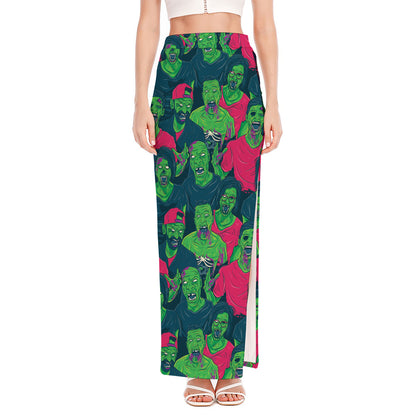 Green Walking Zombie Print High Slit Maxi Skirt