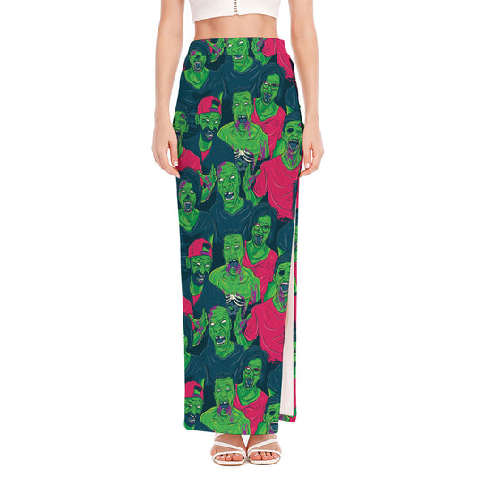 Green Walking Zombie Print High Slit Maxi Skirt