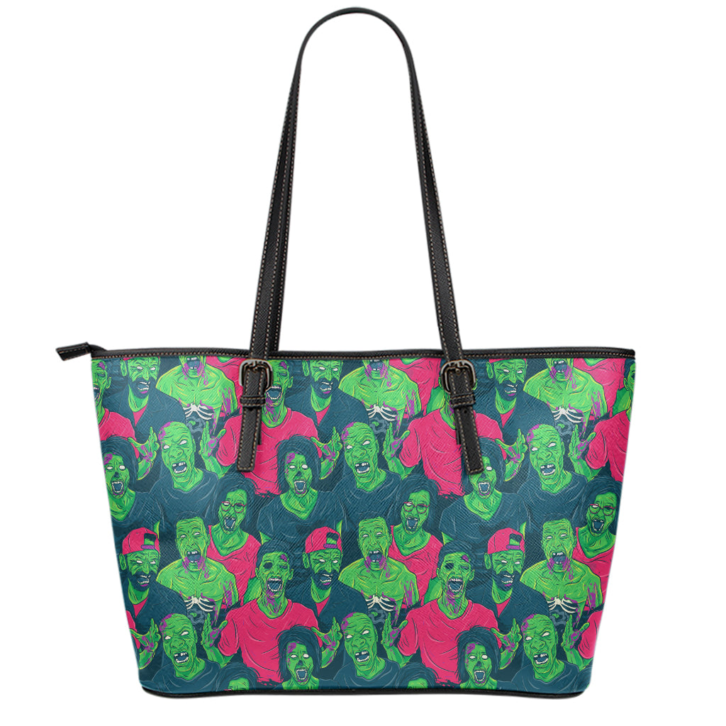 Green Walking Zombie Print Leather Tote Bag