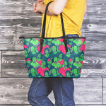 Green Walking Zombie Print Leather Tote Bag