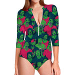 Green Walking Zombie Print Long Sleeve Swimsuit