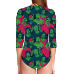Green Walking Zombie Print Long Sleeve Swimsuit