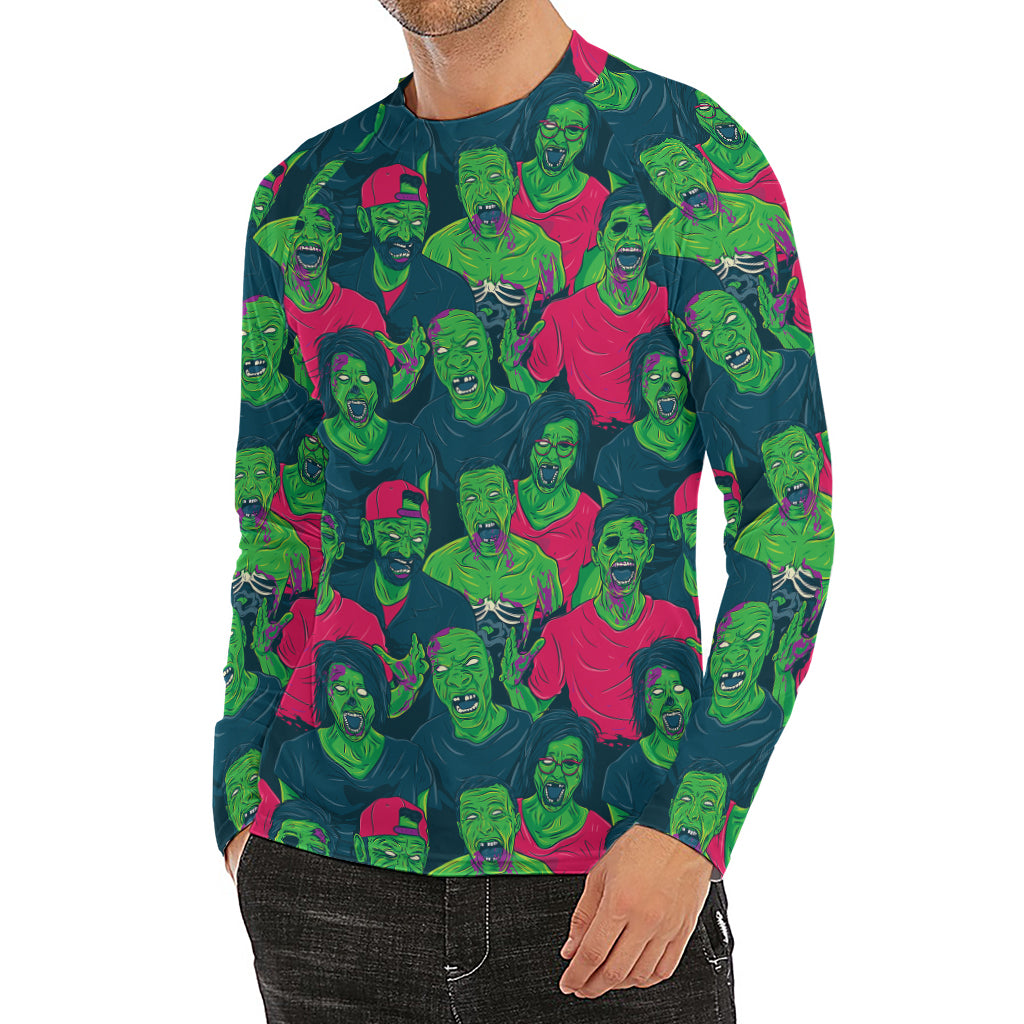 Green Walking Zombie Print Men's Long Sleeve Rash Guard