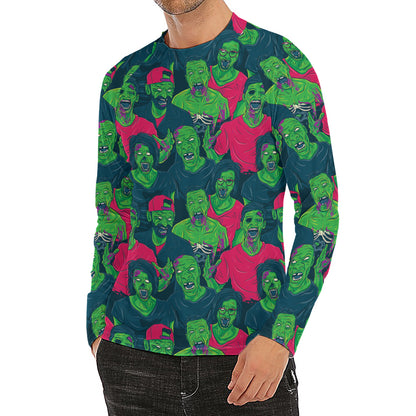 Green Walking Zombie Print Men's Long Sleeve Rash Guard