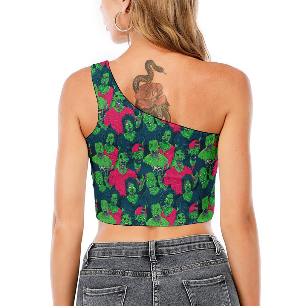Green Walking Zombie Print One Shoulder Crop Top