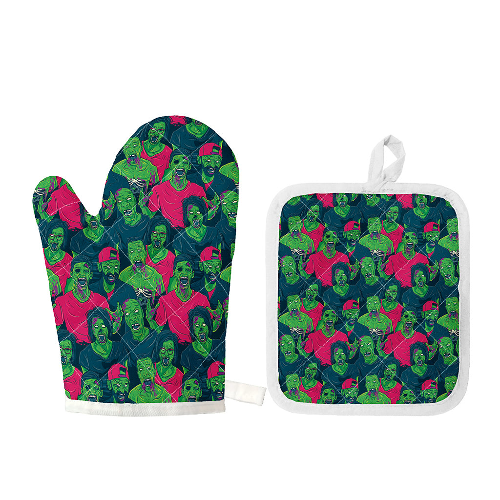 Green Walking Zombie Print Oven Mitt And Pot Holder Set