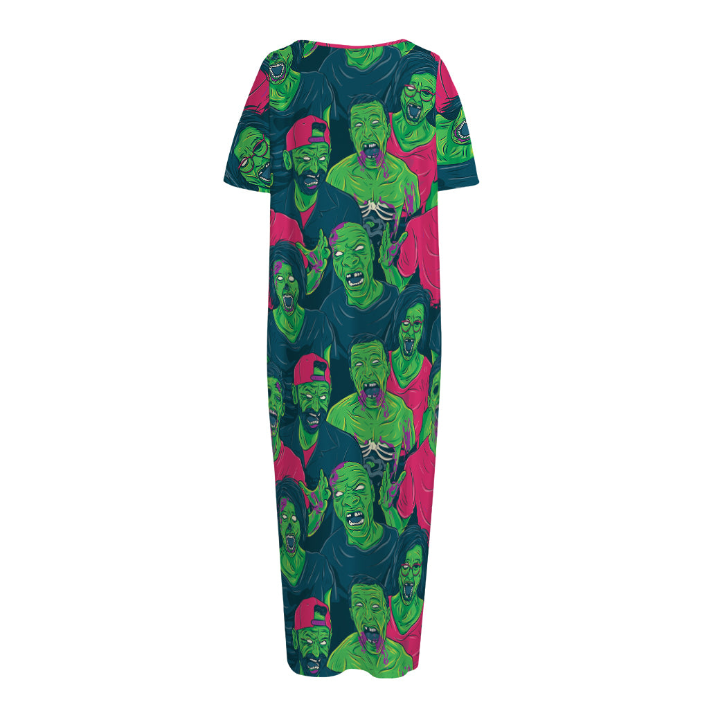 Green Walking Zombie Print Short Sleeve Long Nightdress
