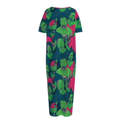 Green Walking Zombie Print Short Sleeve Long Nightdress