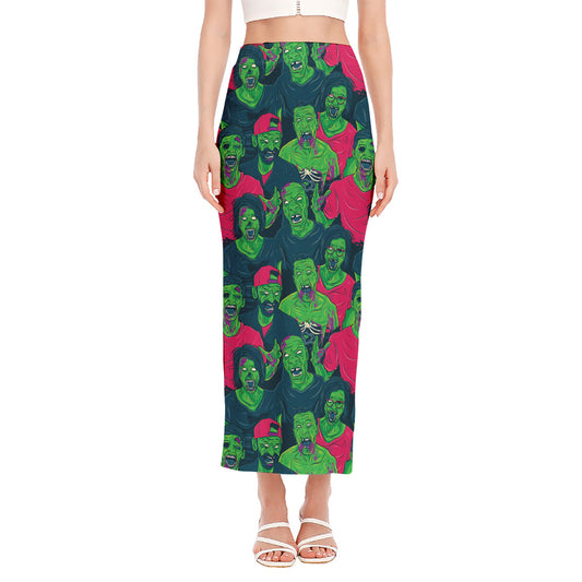 Green Walking Zombie Print Side Slit Maxi Skirt