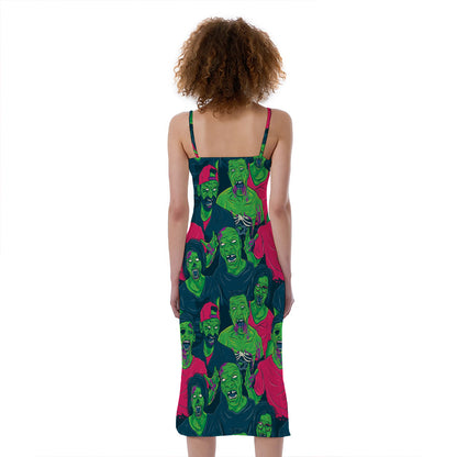 Green Walking Zombie Print Slim Fit Midi Cami Dress