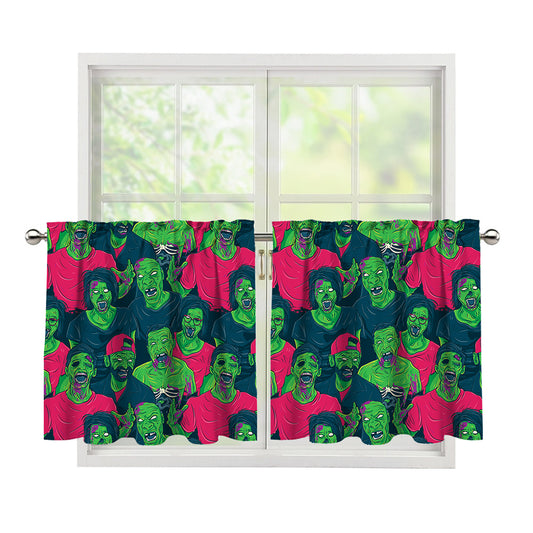 Green Walking Zombie Print Tier Curtains