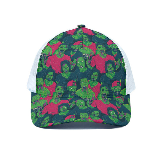 Green Walking Zombie Print White Mesh Trucker Cap