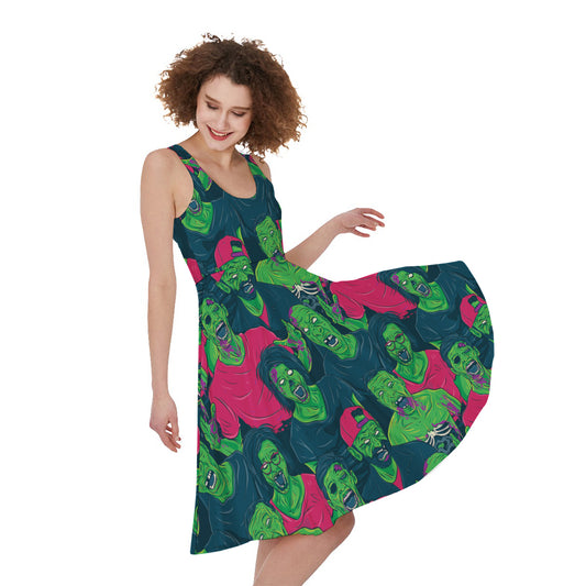 Green Walking Zombie Print Women's Sleeveless Dress